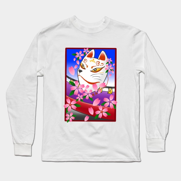 Japanese Hanafuda Sakura White Fox Mask Japan Art Logo Tattoo Samurai Kimono Long Sleeve T-Shirt by Marinaaa010